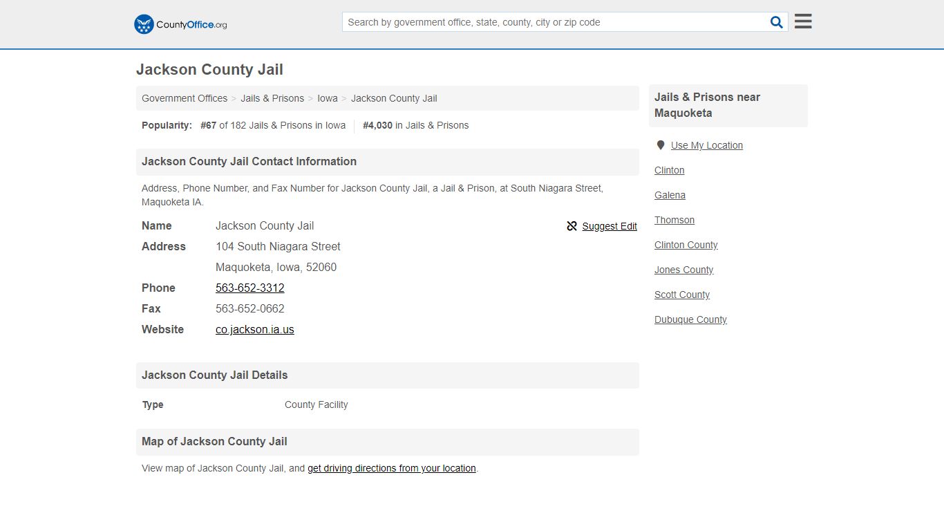 Jackson County Jail - Maquoketa, IA (Address, Phone, and Fax)