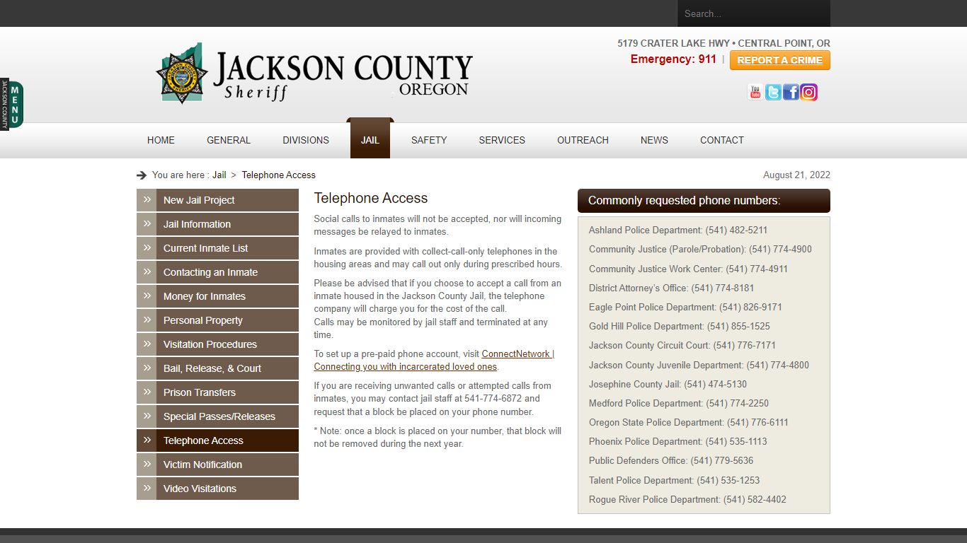 Telephone Access - Jackson County Jail, Medford, OR